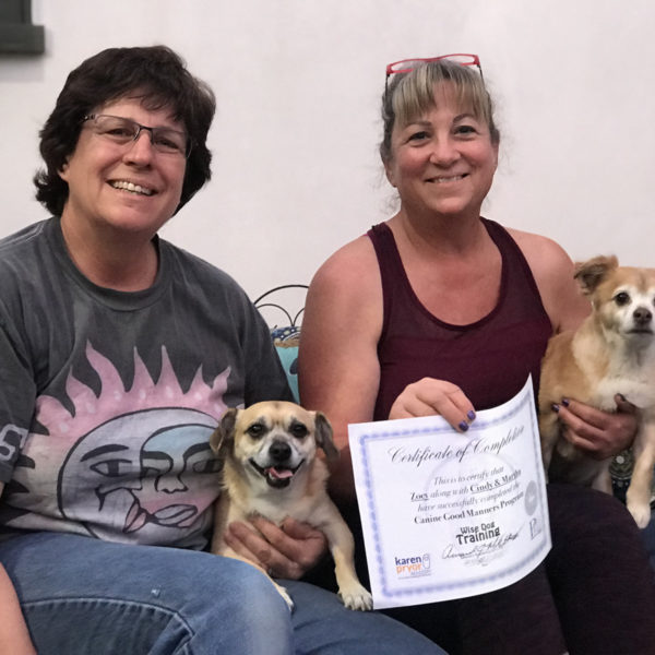 A happy couple with 2 small cream mix colored dogs, showing off their completion certificate