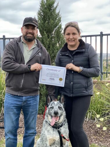 Happy couple standing with their blueish grey dog, showing completion certificate