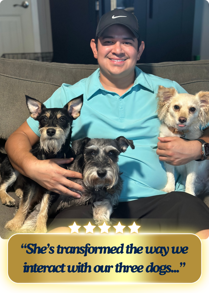 Handsome gentleman surrounded by his 3 adorable pups.