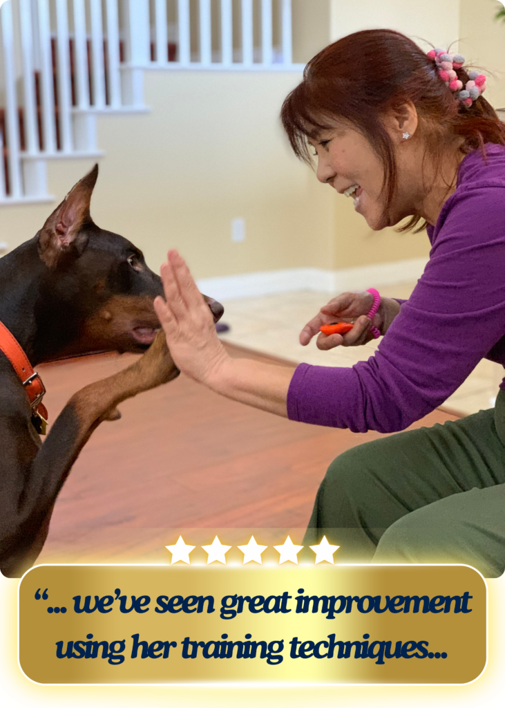 Precious shot of a doberman giving his mom a high-5. They are both really enjoying the game.